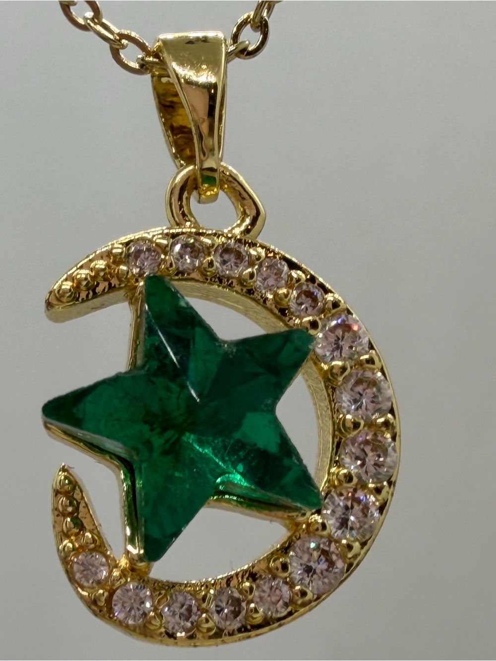 Gold-Tone Crescent Moon Pendant with Emerald Green Star Necklace